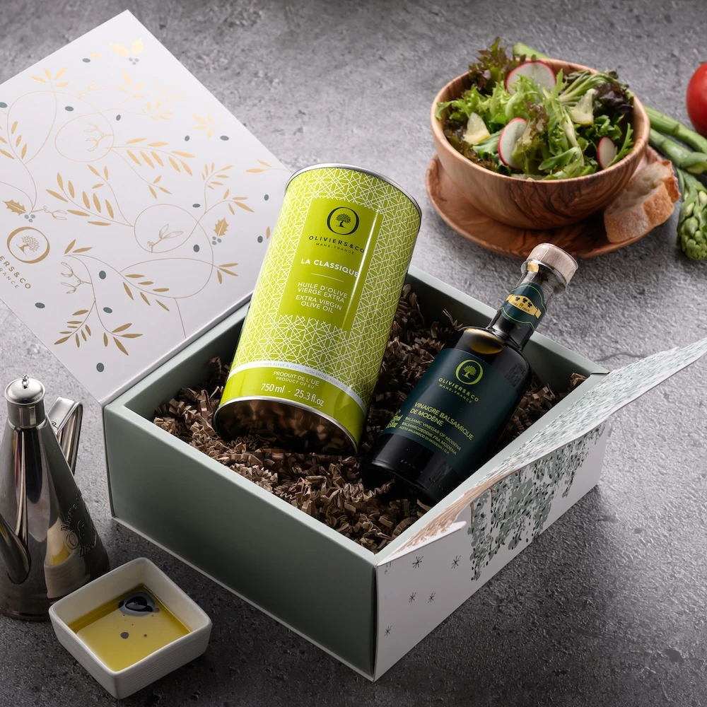 熱炒專用橄欖油＋摩地納葡萄香醋(3葉標章)＋塑膠油嘴＋橄欖豐藏禮盒(雪花白/對開式)